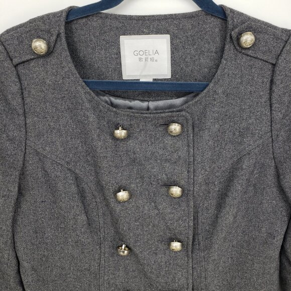 Goelia Double Breasted Coat M Tiered Ruffle Trim Collarless Charcoal Gray - Picture 3 of 7